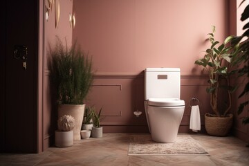 Fototapeta na wymiar Bathroom with white toilet, carpet & plant next to pink wall. Generative AI