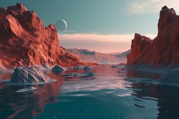 A minimalist 3D abstract landscape with water, cliffs, rocks, mountains, and a dramatic red-blue sky. Perfect as a horizontal wallpaper. Generative AI