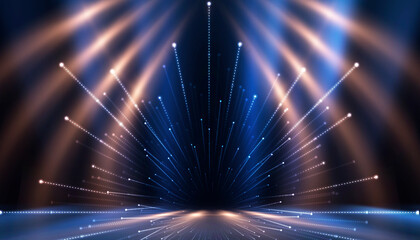 Dark blue neon light with rays of gold abstract night empty scene. The effects of light in the dark. 