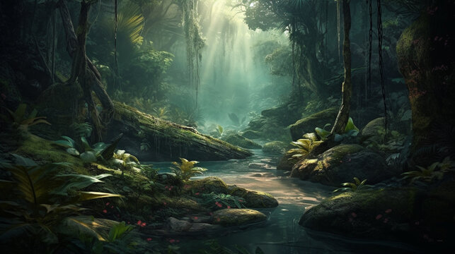 dreamy fantasy deep jungle lush vegetation and flowers , generative ai © Coka