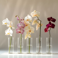 flower with thin long stems sitting in transparent glass 