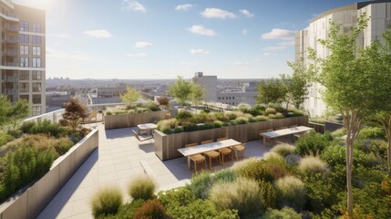 Fototapeta na wymiar A lush rooftop garden with various plants, seating areas, and eco - friendly solar panels, overlooking a vibrant cityscape, generative ai