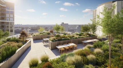  A lush rooftop garden with various plants, seating areas, and eco - friendly solar panels, overlooking a vibrant cityscape, generative ai