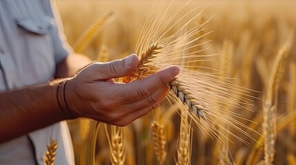 A man holds golden ears of wheat against the background of a ripening field. Farmer's hands close - up. generative ai