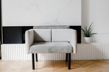 A gray armchair with delicate pastel details and a cozy backdrop creates a comfortable and inviting atmosphere for a stylish yet homey design.