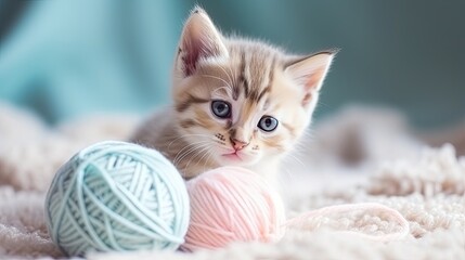 Fototapeta na wymiar Adorable kitten playing with a ball of yarn, surrounded by a cozy setting in soft pastel colors, generative ai