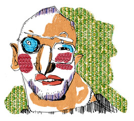 Sketch comic avatar. Man with bald head and beard