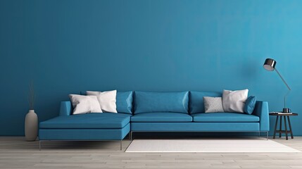  Blue sofa in a modern living room against gypsum panel and brown wall, generative ai