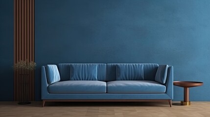  Blue sofa in a modern living room against gypsum panel and brown wall, generative ai