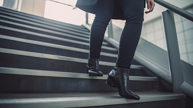  Close up of business womans feet walking up a set of stairs, generative ai