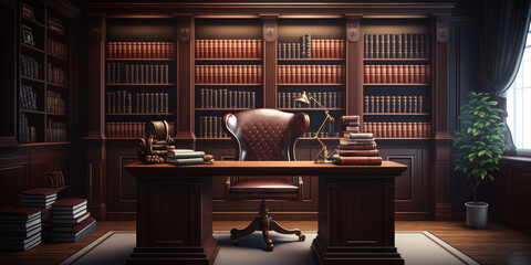 Classic office interior, wooden furniture and books. Generative AI