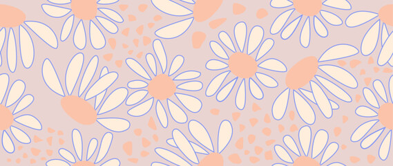 Vector seamless floral pattern. Abstract daisies on a pink background. Modern print. Trendy template for textile design, screensaver, poster, cover, flyer and your advertising integration.