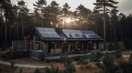 Solar panels on the roof. Glamping in the forest. Renewable energy. Generative AI