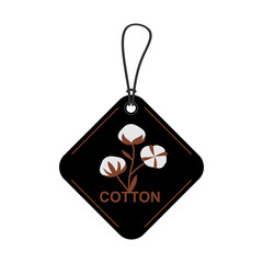 Black label, card board tag layout with cotton flower. Cardboard badge on a thread or string, isolated on white background. Minimal design Label. Vector illustration