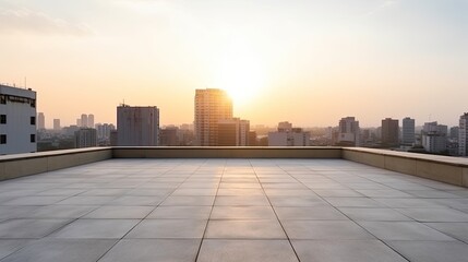  Perspective view of empty concrete floor and modern rooftop building with sunset cityscape scene, generative ai