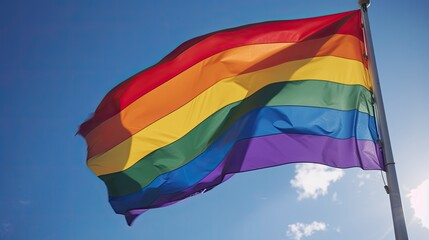  Rainbow flag waving proudly against a blue sky, symbolizing Gay and Lesbian Pride Month celebrations, generative ai