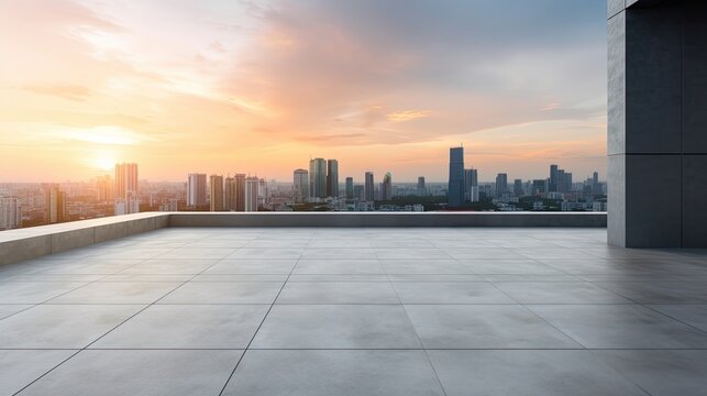  Perspective View Of Empty Concrete Floor And Modern Rooftop Building With Sunset Cityscape Scene, Generative Ai