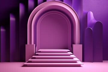 3D podium for product presentation in a stylish modern purple room with arches, rendered in mid-century style. Generative AI