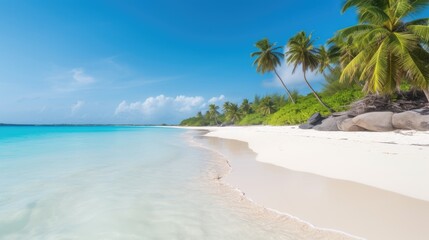  Tranquil seaside landscape with turquoise waters, white sandy beach, and palm trees swaying in the breeze, generative ai