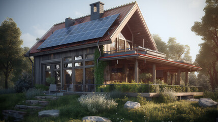 Solar panels on the roof. Glamping in the forest. Renewable energy. Generative AI