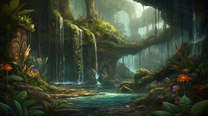 dreamy fantasy waterfalls in deep jungle lush vegetation and flowers , generative ai	, water, magical, place, 