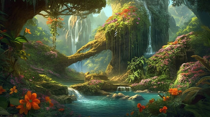 dreamy fantasy waterfalls in deep jungle lush vegetation and flowers , generative ai	, water, magical, place, 