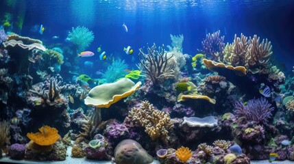 Naklejka na ściany i meble Vibrant and colorful underwater scene at an aquarium, showcasing diverse marine life swimming harmoniously, generative ai