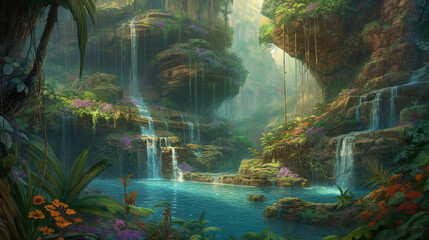 dreamy fantasy waterfalls in deep jungle lush vegetation and flowers , generative ai	, water, magical, place, 