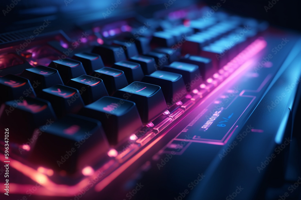 Poster high-tech computer keyboard with rgb lighting, generative ai