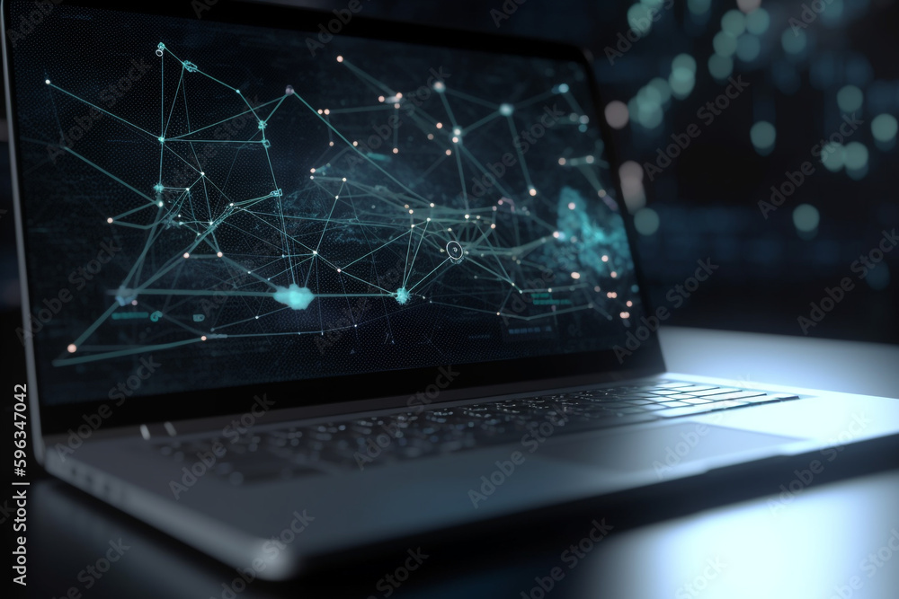Poster analytics and big data technology concepts with laptop and network visualization, generative ai