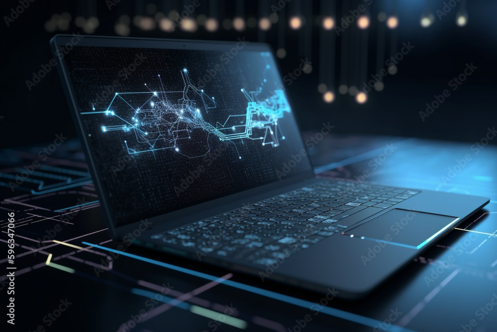 Poster laptop on blue analytics and big data technology concepts with laptop and network visualization, gen