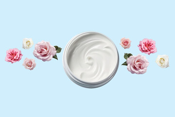 Jar with moisturizing cream and pink buds on a gently blue background. Cosmetic skin care product, lotion, balm, hand cream.
