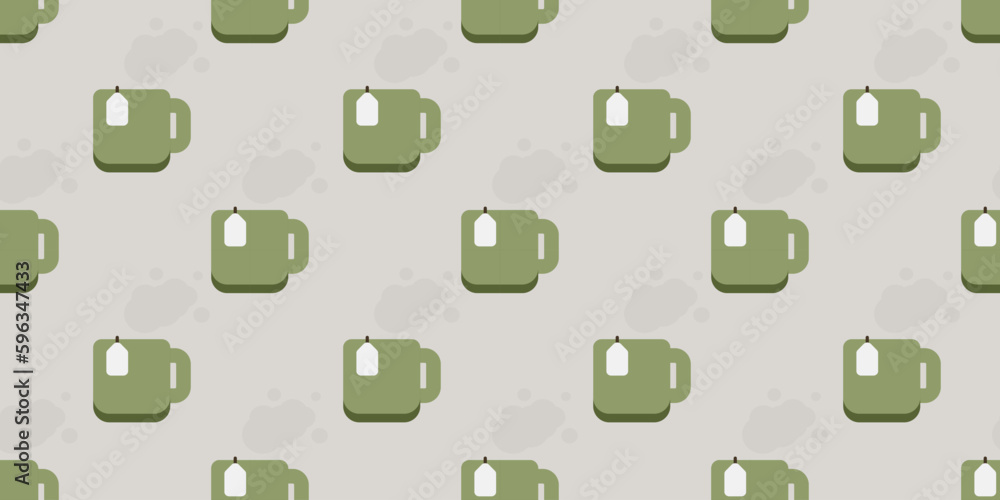 Aufkleber seamless green coffee or tea cup icons pattern on wide scale grey background - design template in ed