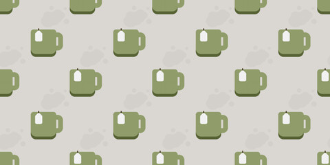 Seamless Green Coffee or Tea Cup Icons Pattern on Wide Scale Grey Background - Design Template in Editable Vector Format