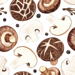 Watercolor seamless pattern shiitake medicinal mushroom, adaptogenic plant. Hand-drawn illustration isolated on white background. Perfect concept design for healthy chinese medicine popular superfood