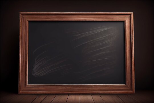 Chalkboard texture background, brown wooden frame, backdrop, realistic. Generative AI