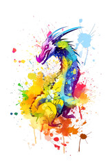 A colorful dragon made of multicolored splashes of paint on a white background. The symbol of 2024. New Year, Christmas, holiday. Generative AI