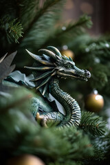 Green dragon figurine on the background of a Christmas tree with Christmas balls, a symbol of the Chinese new year 2024. Generative AI