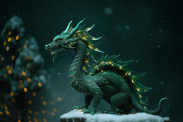 Fototapeta premium A green dragon figurine stands on the snow, against the background of a Christmas tree with Christmas balls, a symbol of the Chinese new year 2024. Generative AI