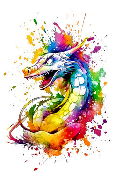 A colorful dragon made of multicolored splashes of paint on a white background. The symbol of 2024. New Year, Christmas, holiday. Generative AI