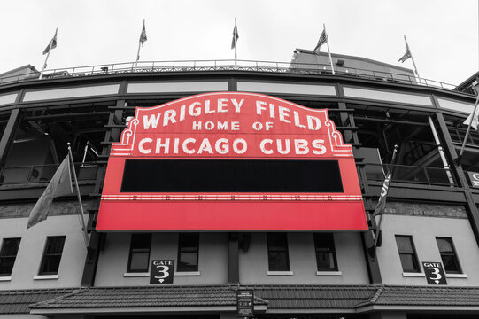 Wrigley Field Home of Chicago Cubs in red with copy space. Wrigley Field has been home to the Cubs since 1916.