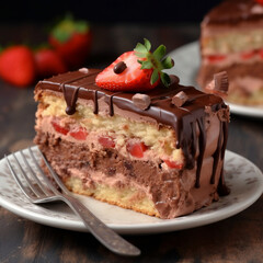 Piece of strawberry cake filled with chocolate cream