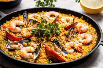 Paella, traditional spanish dish made with rice, Chicken and vegetables, served in a pan. Paella with seafood. Spanish cuisine. Generative AI