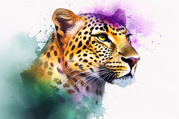 Fototapeta na wymiar Watercolor portrait of a leopard with colorful splashes on a white background. Generative AI
