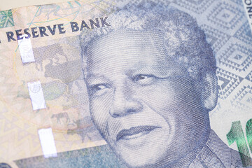 Nelson Holilala Mandela faces on South African money 100 rand banknotes macro.President of South Africa.