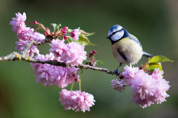 Blue Tit (Cyanistes caeruleus) perched amongst beautiful pink springtime blossom -  Yorkshire, UK...