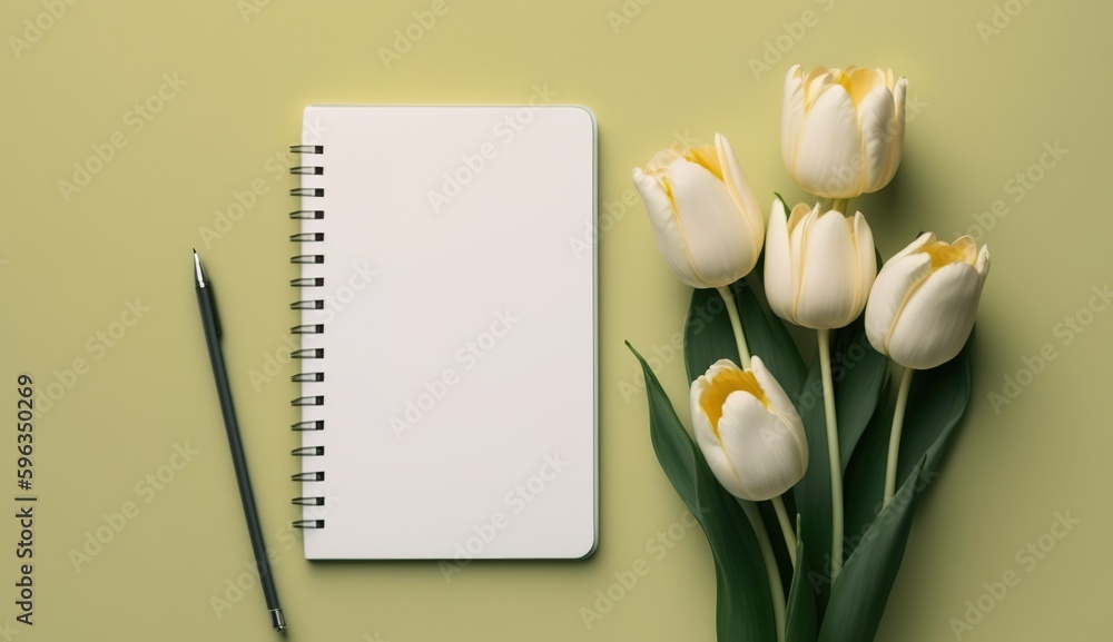 Poster white tulips and a notebook, seen from above. generative ai