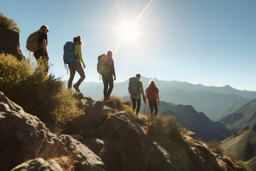 group of hikers in the mountains - obrazy, fototapety, plakaty