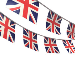 United Kingdom flag on the ropes on white background. Set of Patriotic bunting flags. Bunting decoration of United Kingdom flag,  Created using generative AI tools.