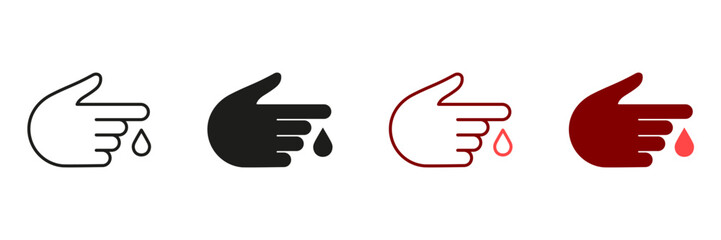 Hypoglycemia Probe Black and Red Sign. Glucose Level Analysis, Blood Test for Diabetes Disease Line and Silhouette Icon Set. Human Hand with Blood Drop, Sugar Research. Isolated Vector Illustration